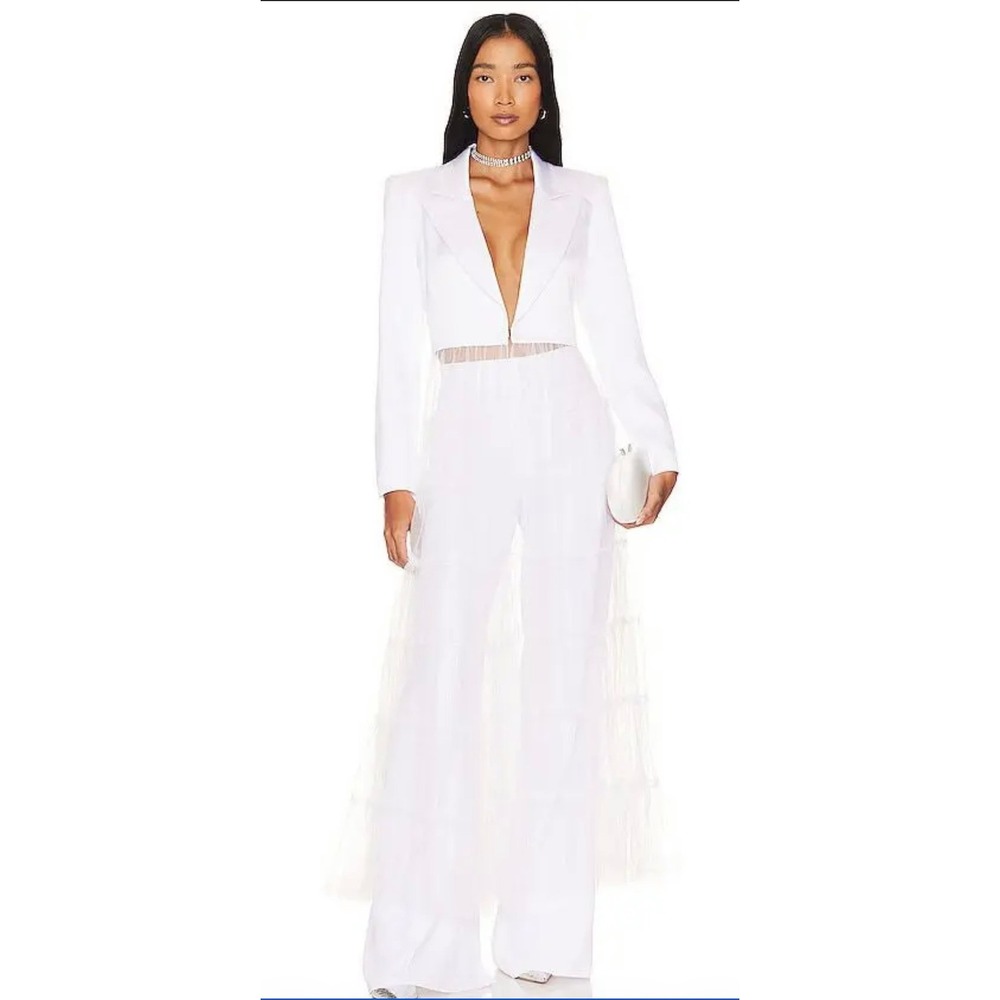 Alice + Olivia Everly White Cropped Blazer with Tiered Tulle Maxi Overlay Size S